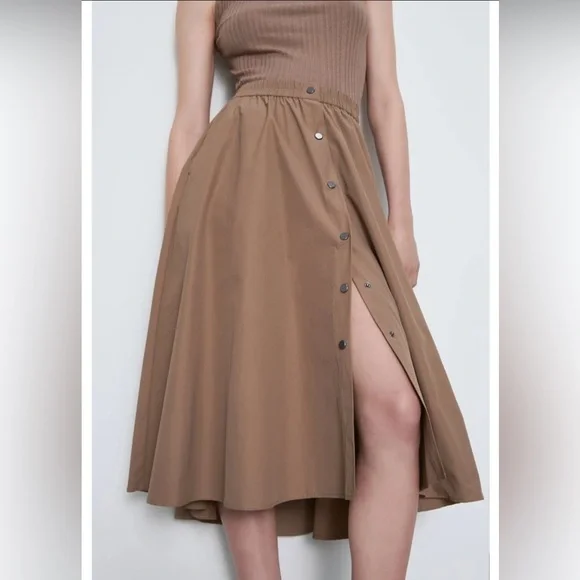 ZARA Tan Camel Khaki Button Down Elastic High-Waist Asymmetrical Midi Maxi Skirt - Picture 2 of 16